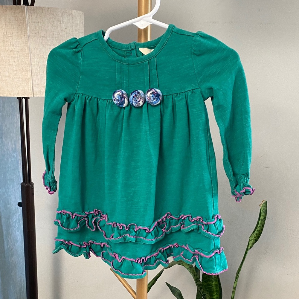 Matilda Jane Green Long-Sleeve Ruffle‎ Dress with Purple Trim 6-12 mos